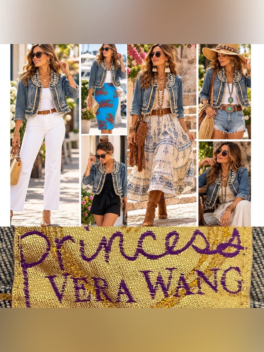 Princess Vera Wang Denim Jacket Pearl Beaded Raw Hem Cropped Y2K SMALL